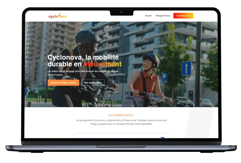 Mockup desktop du site Cyclonova - développement WordPress pour La Poste et Transdev avec l'agence DUNK