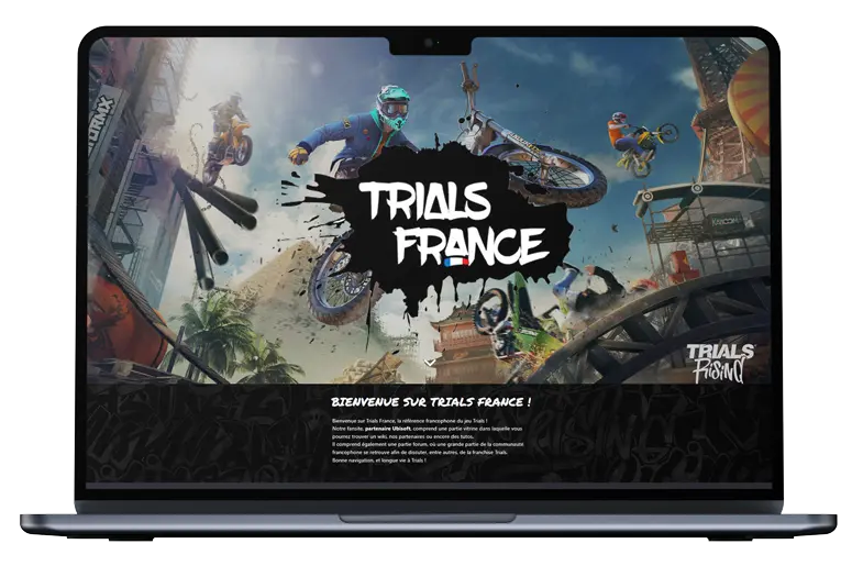 Mockup desktop du site Trials France - développement WordPress communauté francophone partenaire Ubisoft
