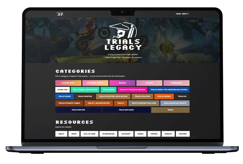 Mockup desktop du site Trials Legacy - wiki WordPress communautaire franchise Ubisoft Trials