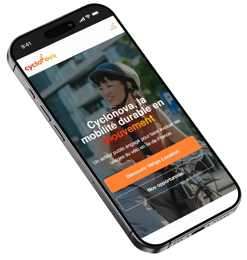 Mockup mobile du site Cyclonova - responsive WordPress La Poste Transdev mobilité durable