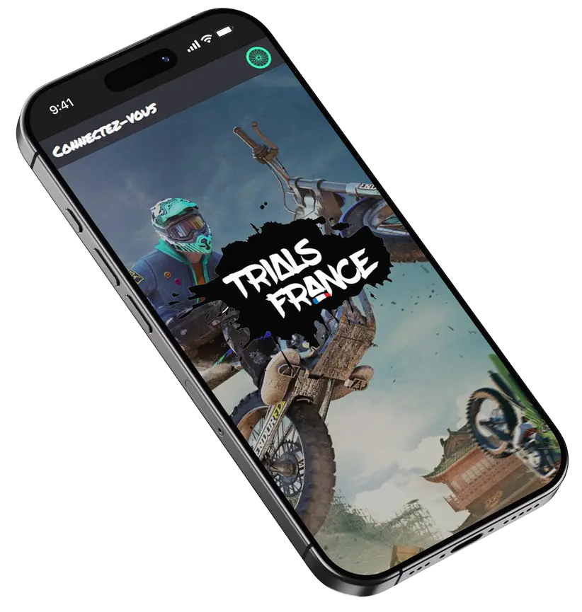 Mockup mobile du site Trials France - responsive WordPress site communautaire gaming Ubisoft