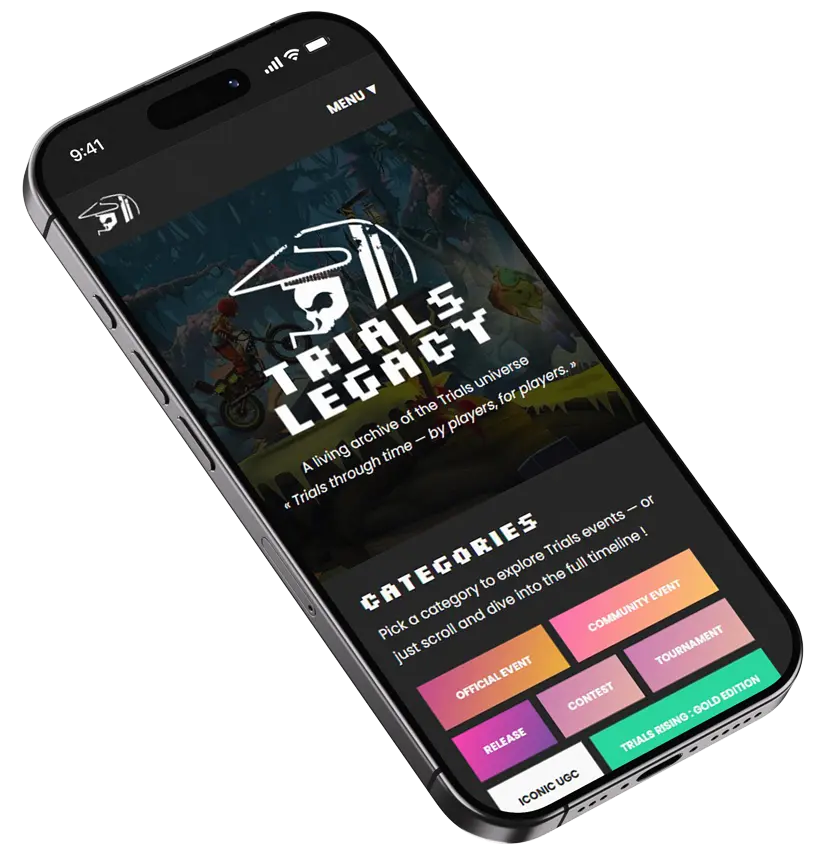 Mockup mobile du site Trials Legacy - responsive WordPress archive communautaire Trials