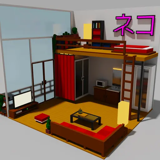 Chambre japonaise en voxel art créée par Tony Evariste - modélisation 3D par blocs